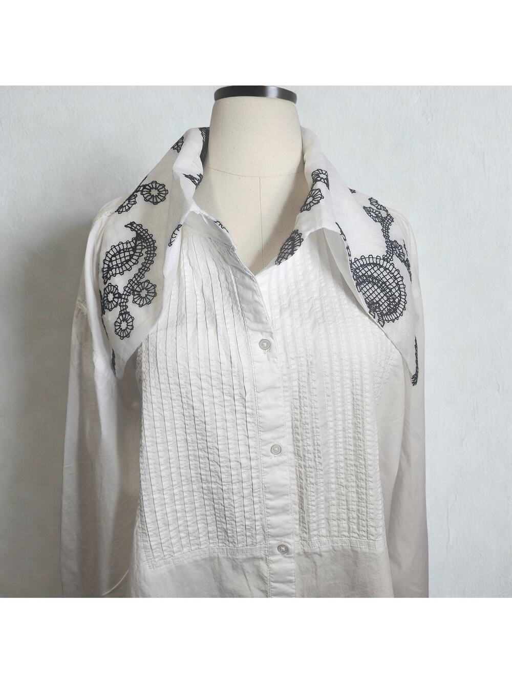 Reworked White Tuxedo Shirt with Large Embroidered Collar & Hand‑Stitched Art